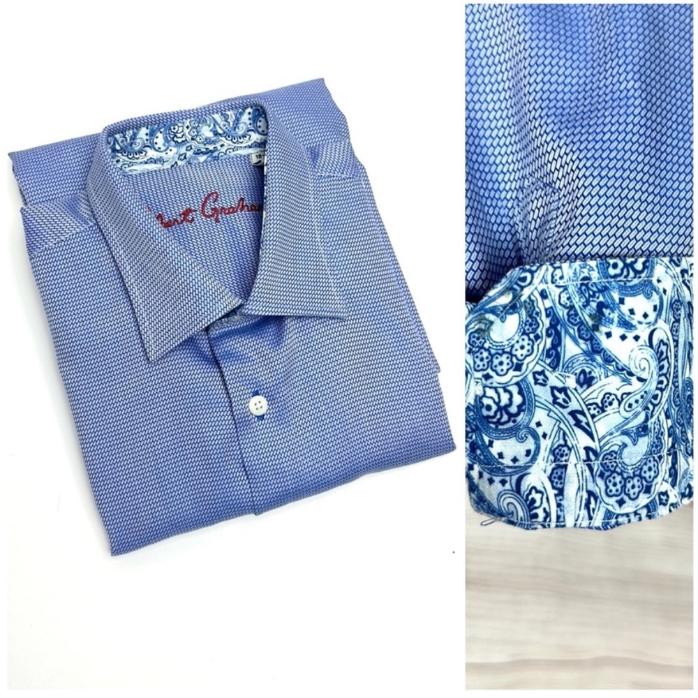 NWOT ROBERT GRAHAM Boy’s Button Up Shirt Cotton Blue Contrast Cuffs XL (18-20)